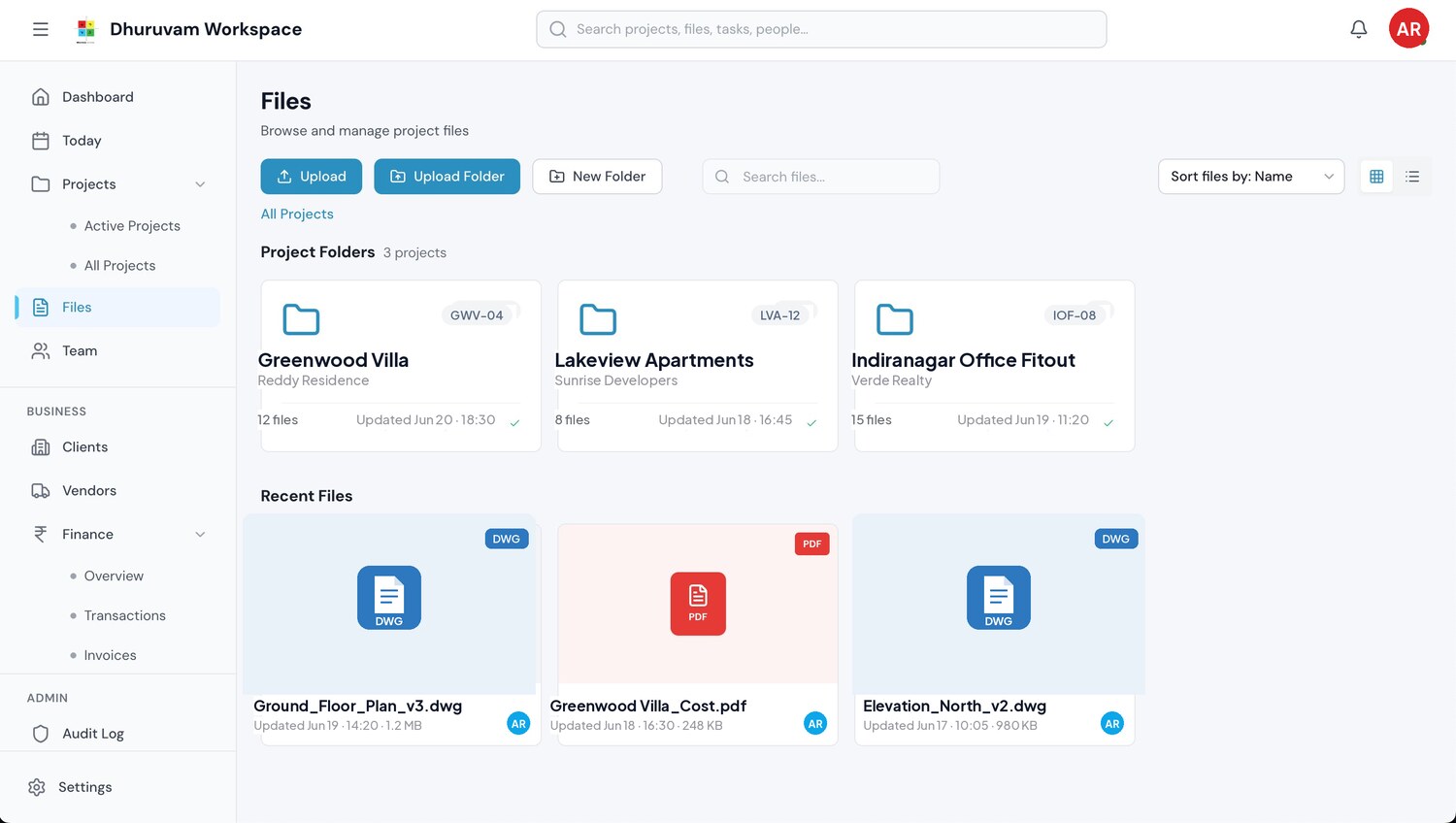 Dhuruvam Workspace files view with project folders and versioned drawings